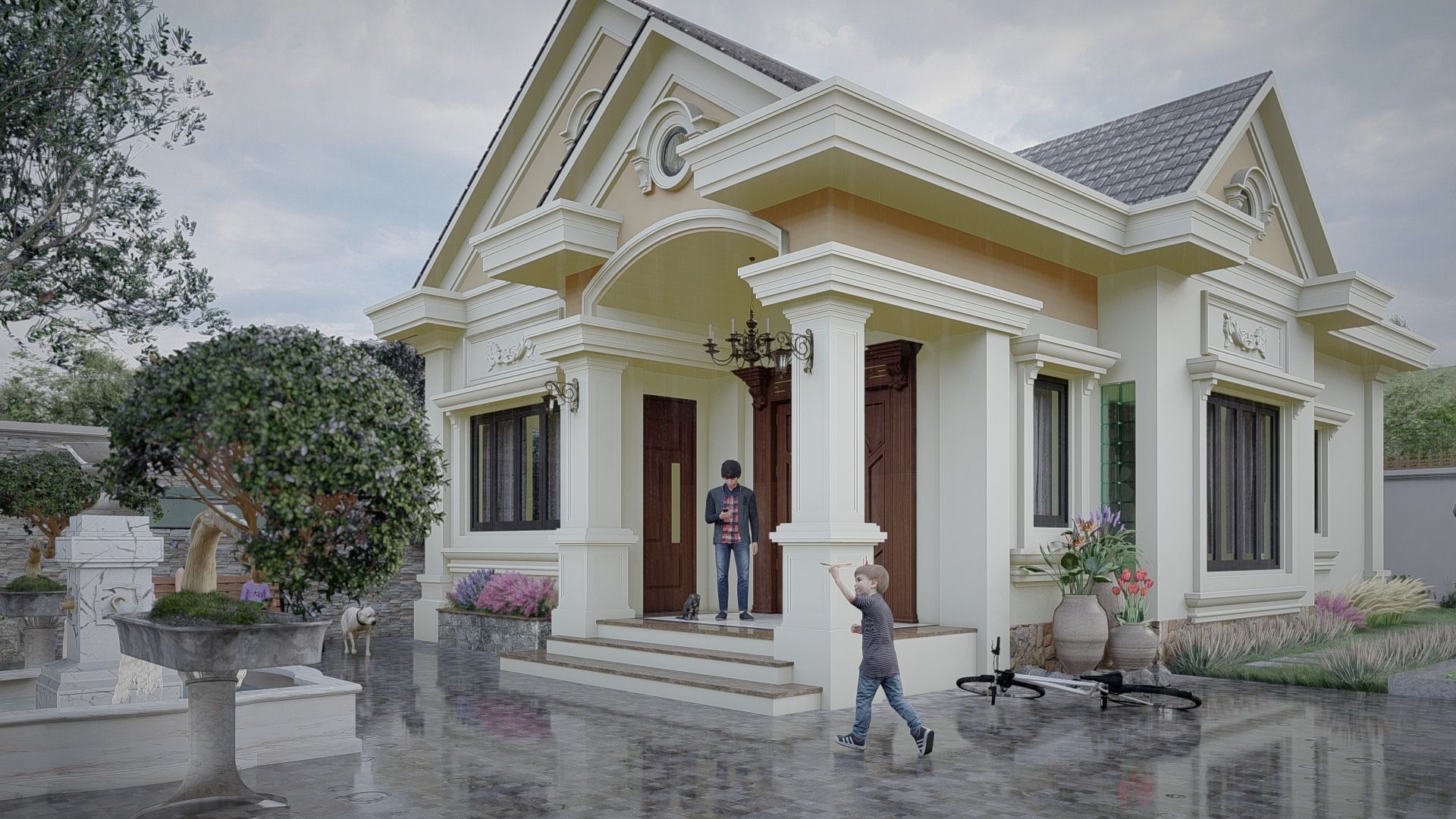 Thiết kế biệt thự tân cổ điển sân vườn đẹp-VNH BTTCD 0043