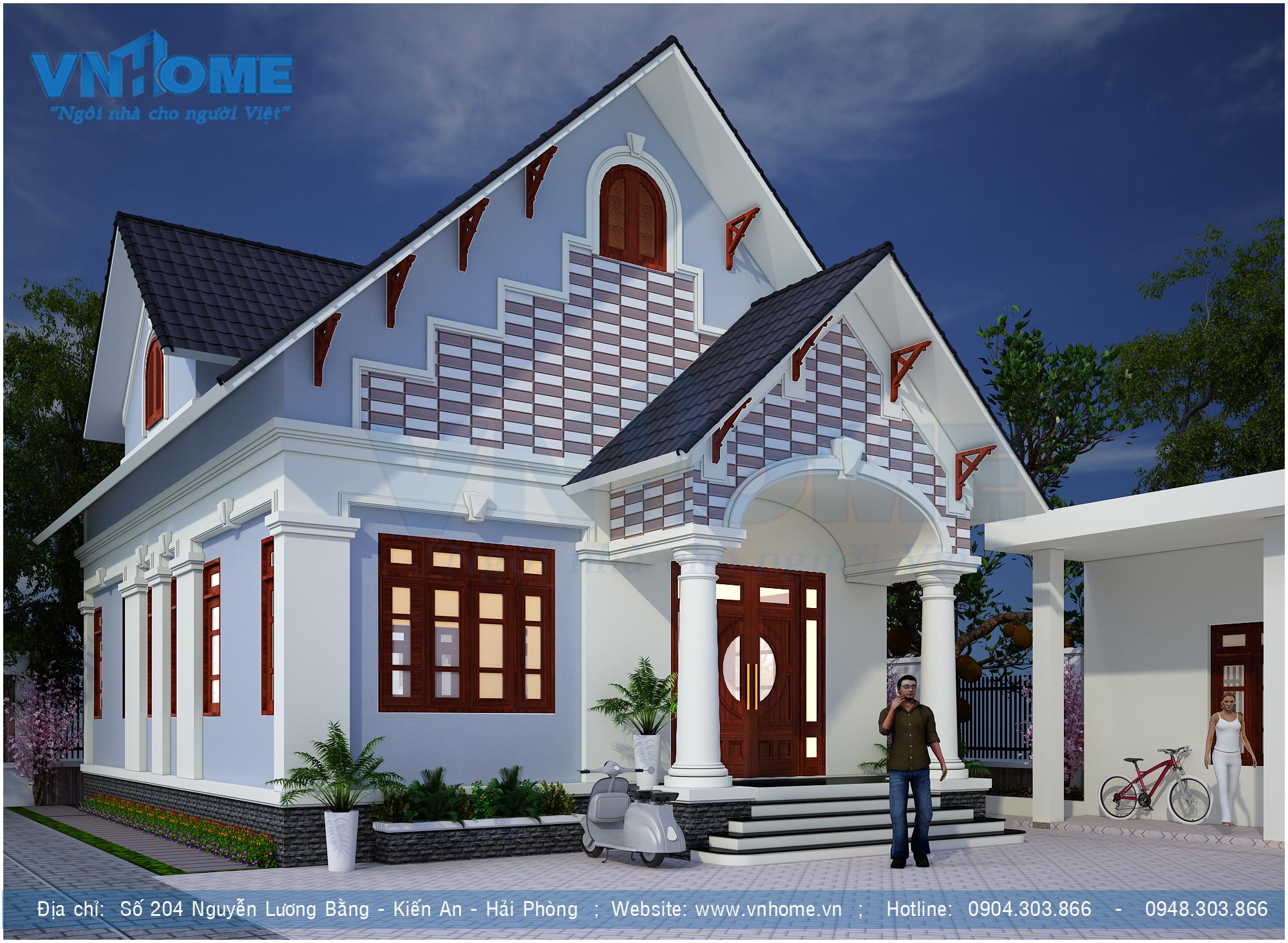 Thiết kế biệt thự mái Thái 1 tầng hiện đại tại Thái Bình-VNH BTHD 0038