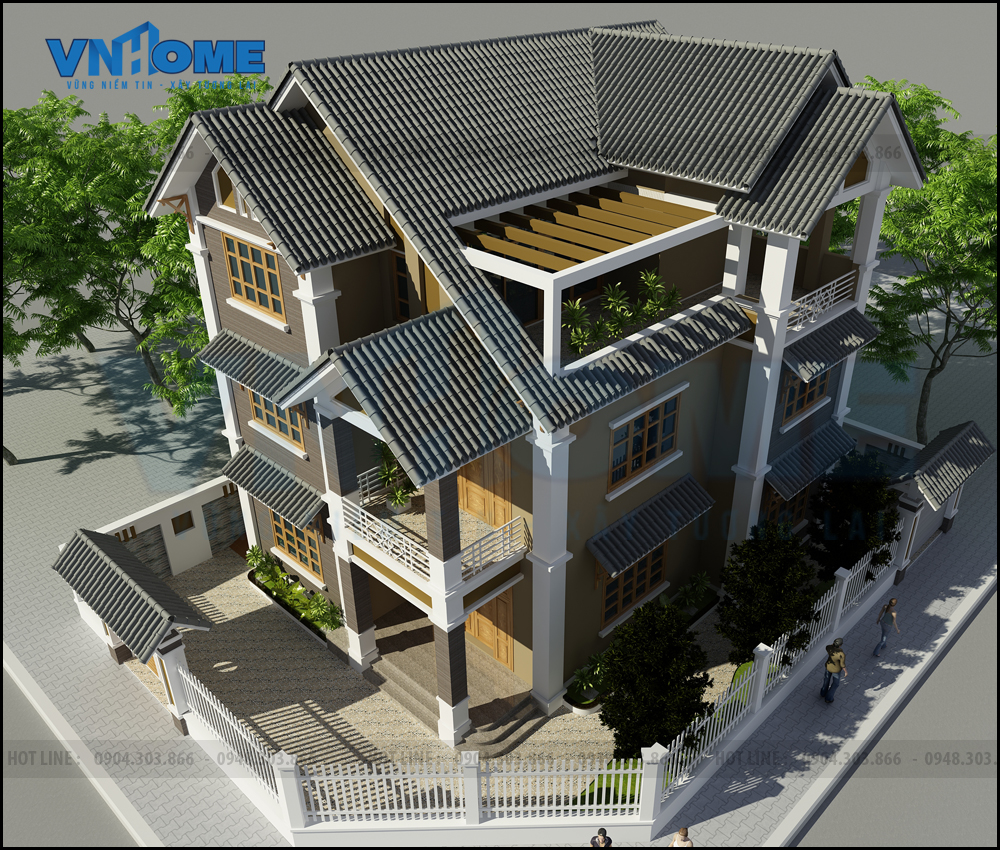 Mẫu thiết kế biệt thự mái thái 3 tầng đẹp-VNH BTHD 0036