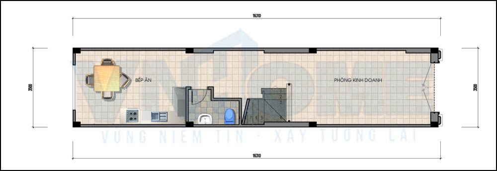 mặt bằng tầng 1 của căn nhà lô hiện đại
