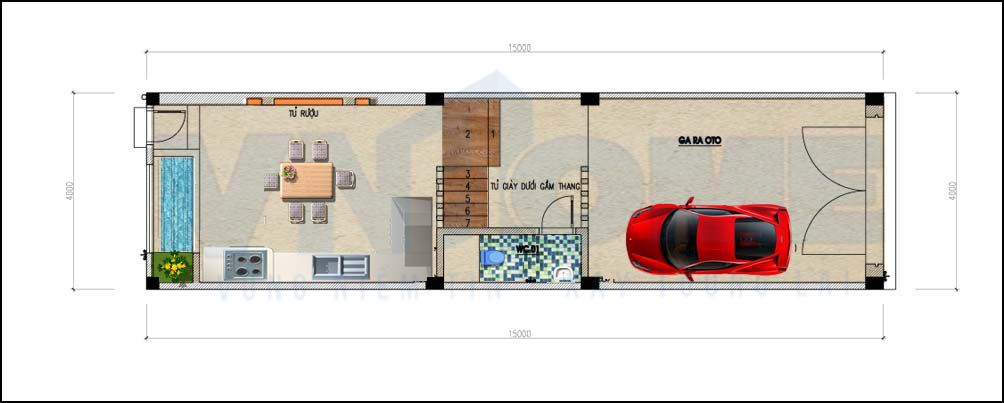 mặt bằng tầng 1 của căn nhà lô hiện đại