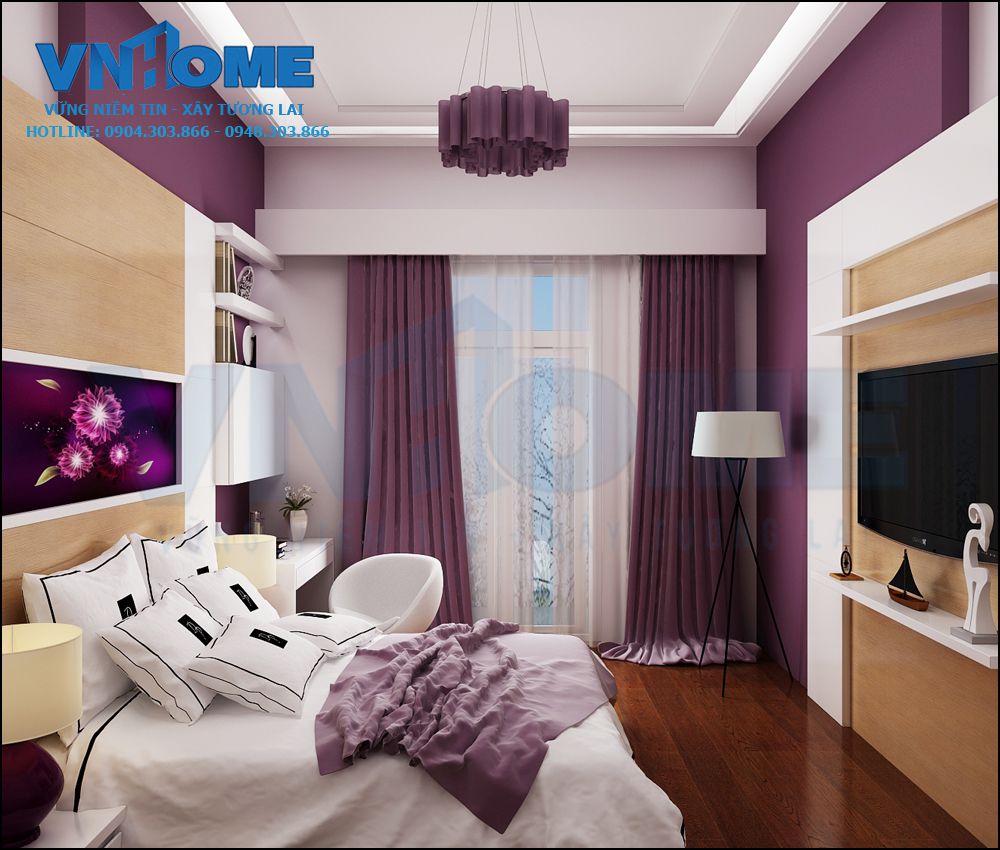 Thiết kế nội thất phòng ngủ lãng mạn với tông màu tím